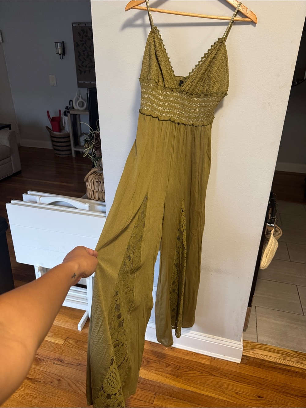 River Island Olive Lace-Detail Wide-Leg Jumpsuit